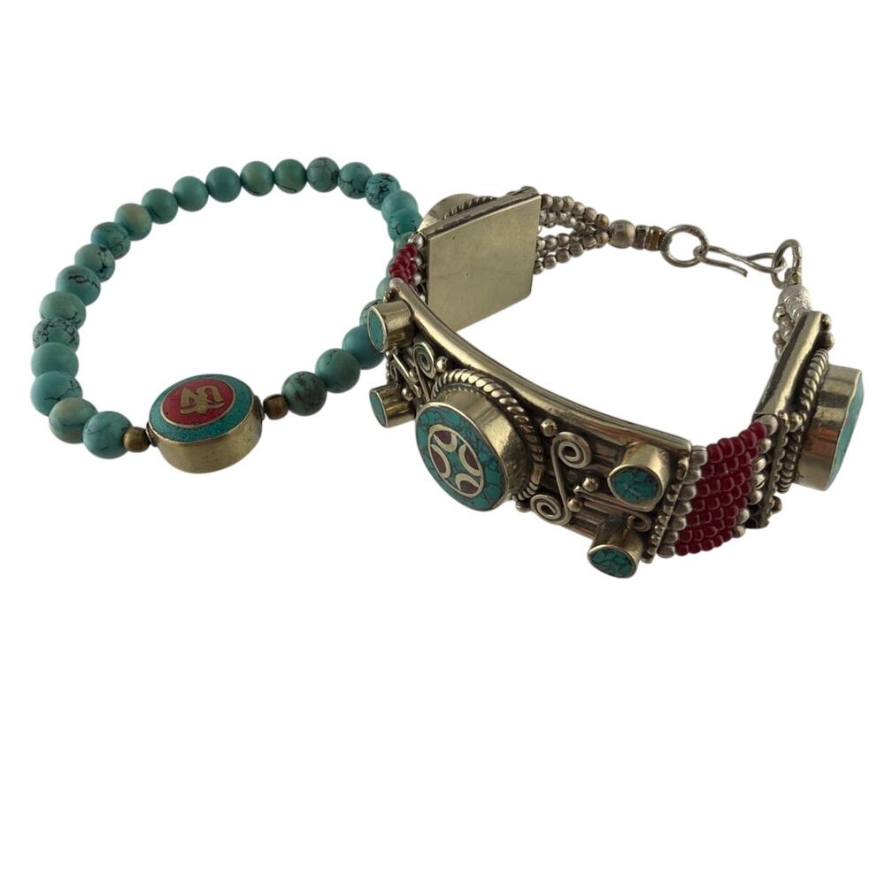 Vintage Lot of 2 Tibetan Style Bracelets Stretch and Latch Turquoise Coral